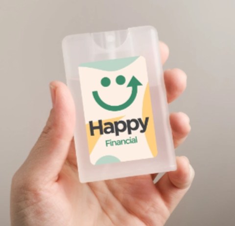 A hand holding a flat pocket sanitiser spray with a branded label
