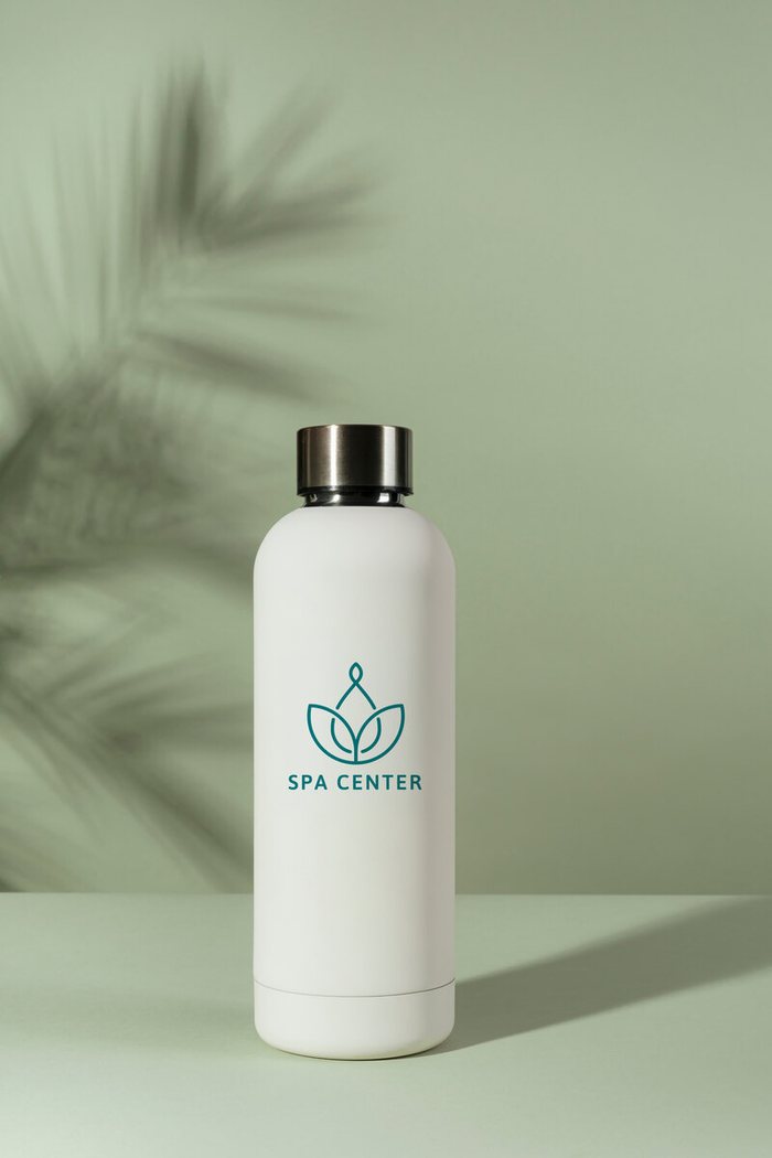 Branded insulated water bottle printed with a spa logo
